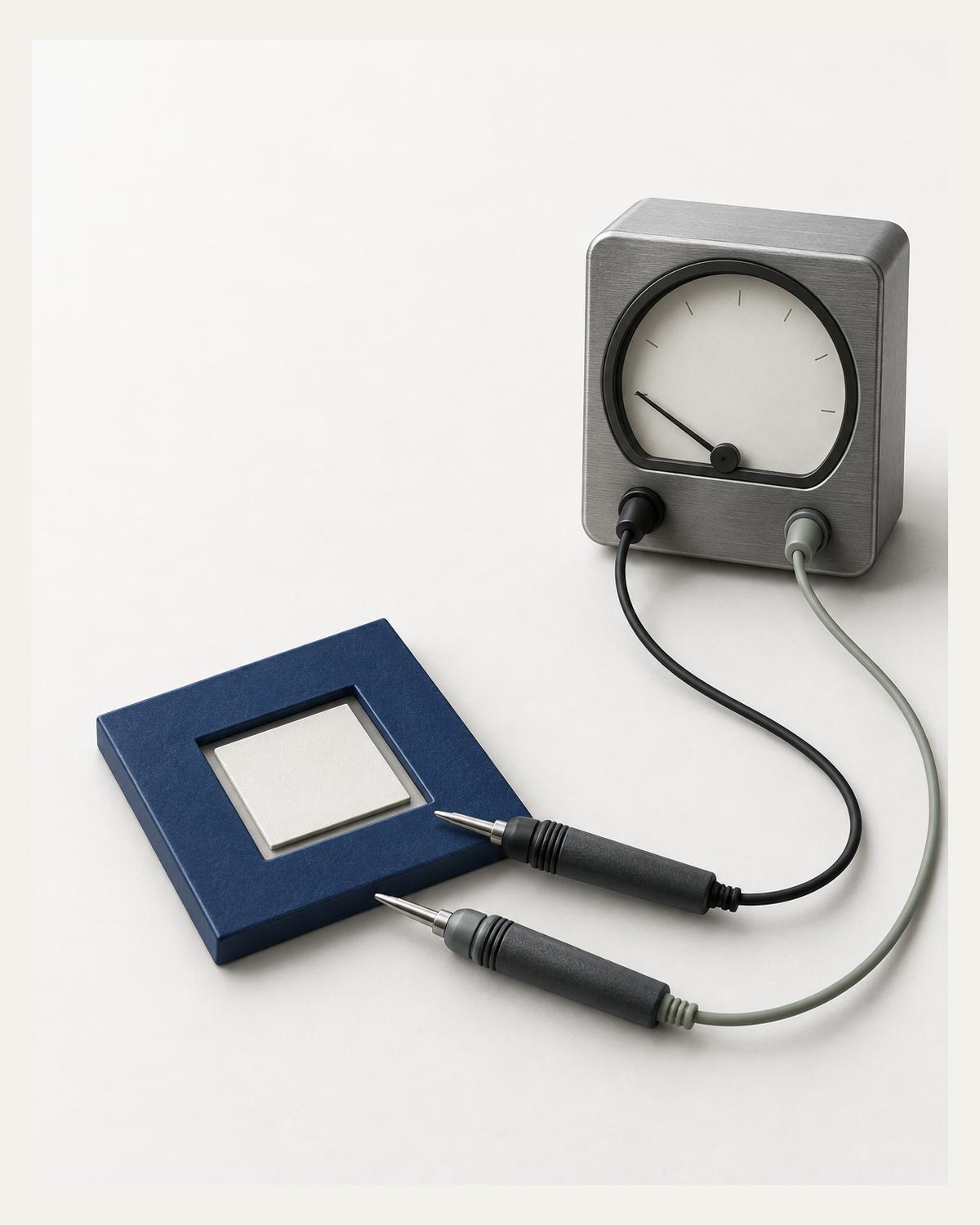An unnumbered analogue meter connects by black and grey cables to two probes beside a cobalt tile with an ivory inset.