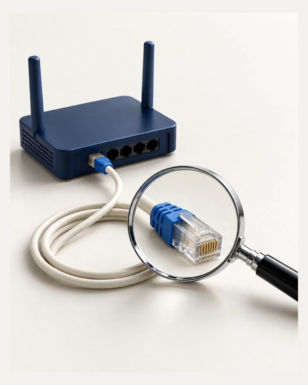 A navy router connects to an ivory cable whose loose blue-collared plug appears beneath a magnifying glass.