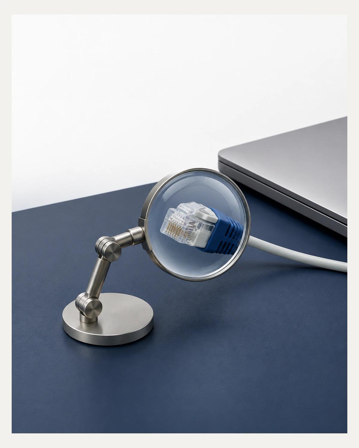 A desktop inspection magnifier focused on an Ethernet connector beside a closed laptop on a navy surface.