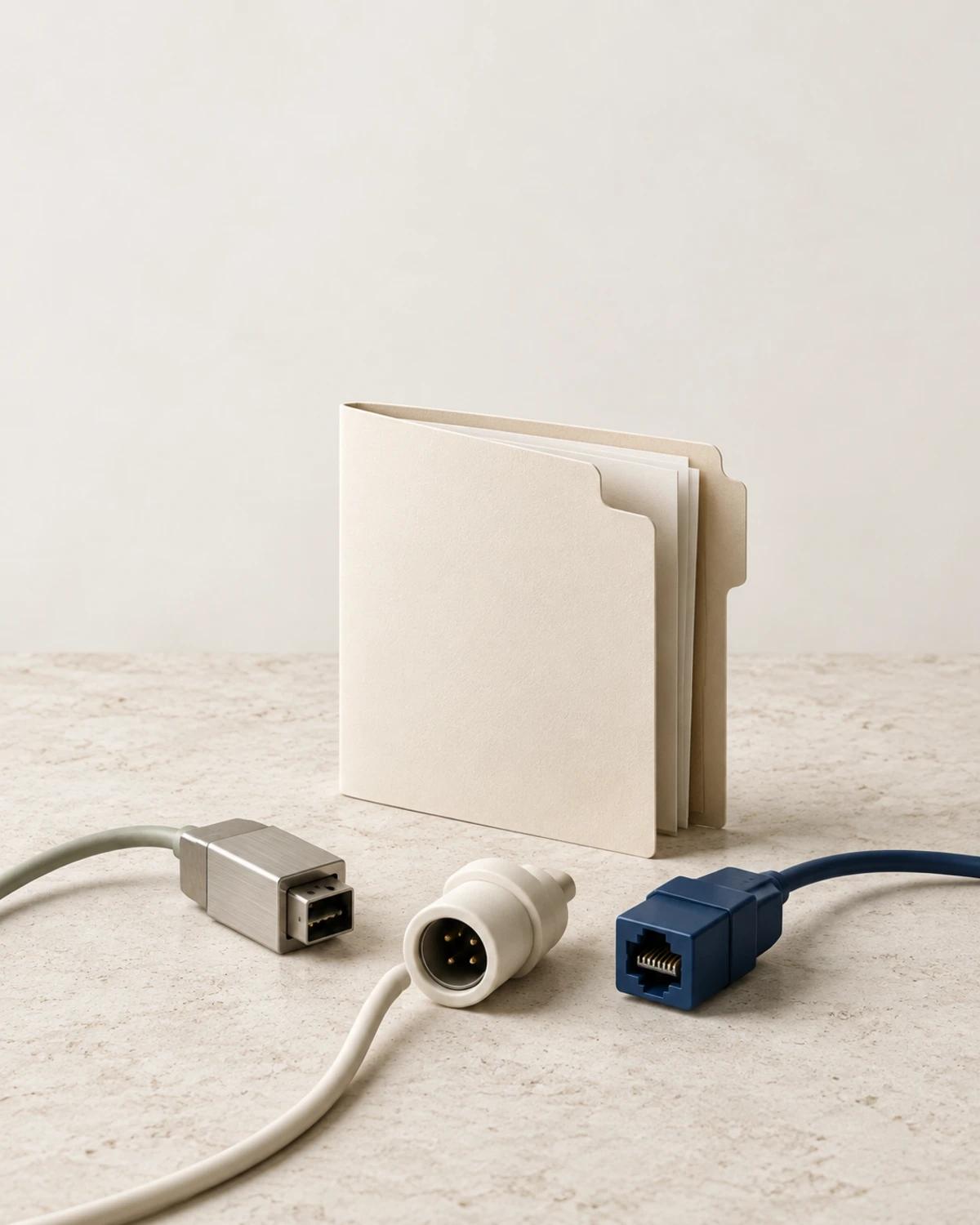 Cream records folders beside three separate metal, white and blue cable connectors on pale stone.