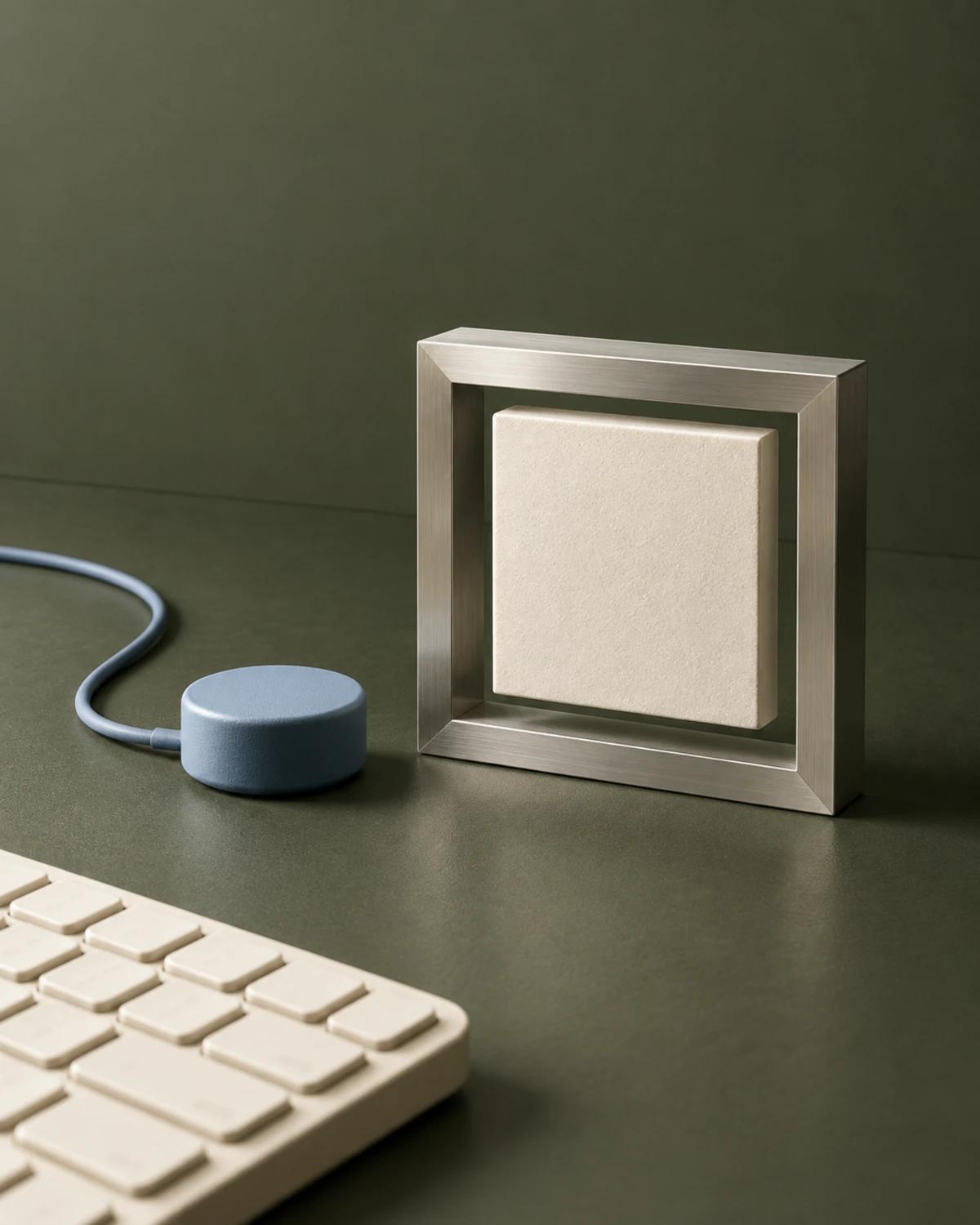 An ivory slab in a brushed metal inspection frame beside a blue probe and cream keyboard on an olive surface.