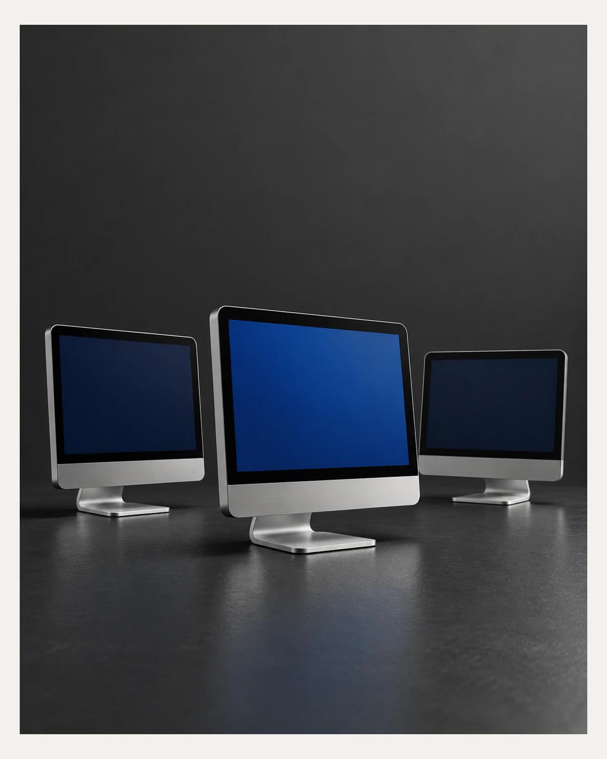 Three compact silver desktop displays stand on a dark surface; the front screen is cobalt blue and the two rear screens are navy.