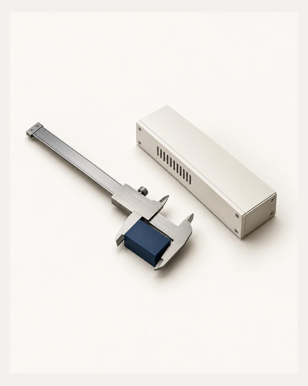 A brushed-steel caliper measures a small navy component beside a longer ivory equipment chassis on a pale surface.