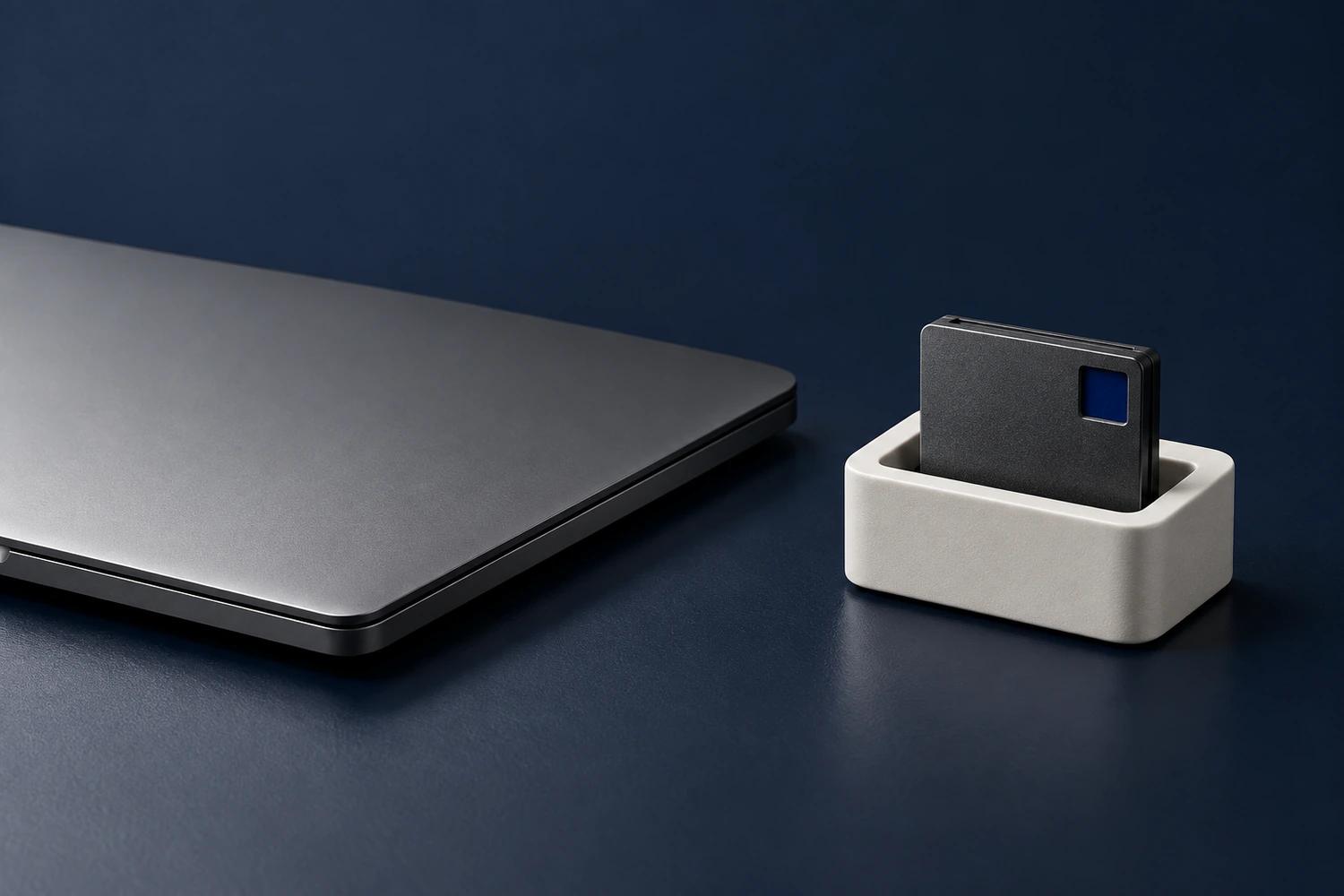 A closed graphite laptop sits beside a dark memory cartridge standing in an ivory cradle on a navy desk.