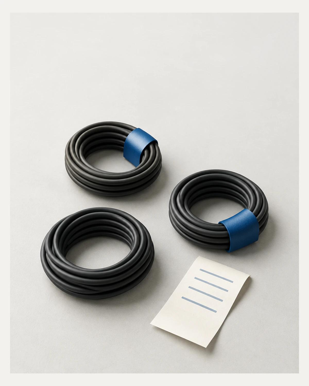 Three graphite cable coils sit beside an ivory ruled slip; two coils have blue collars and the third is untagged.