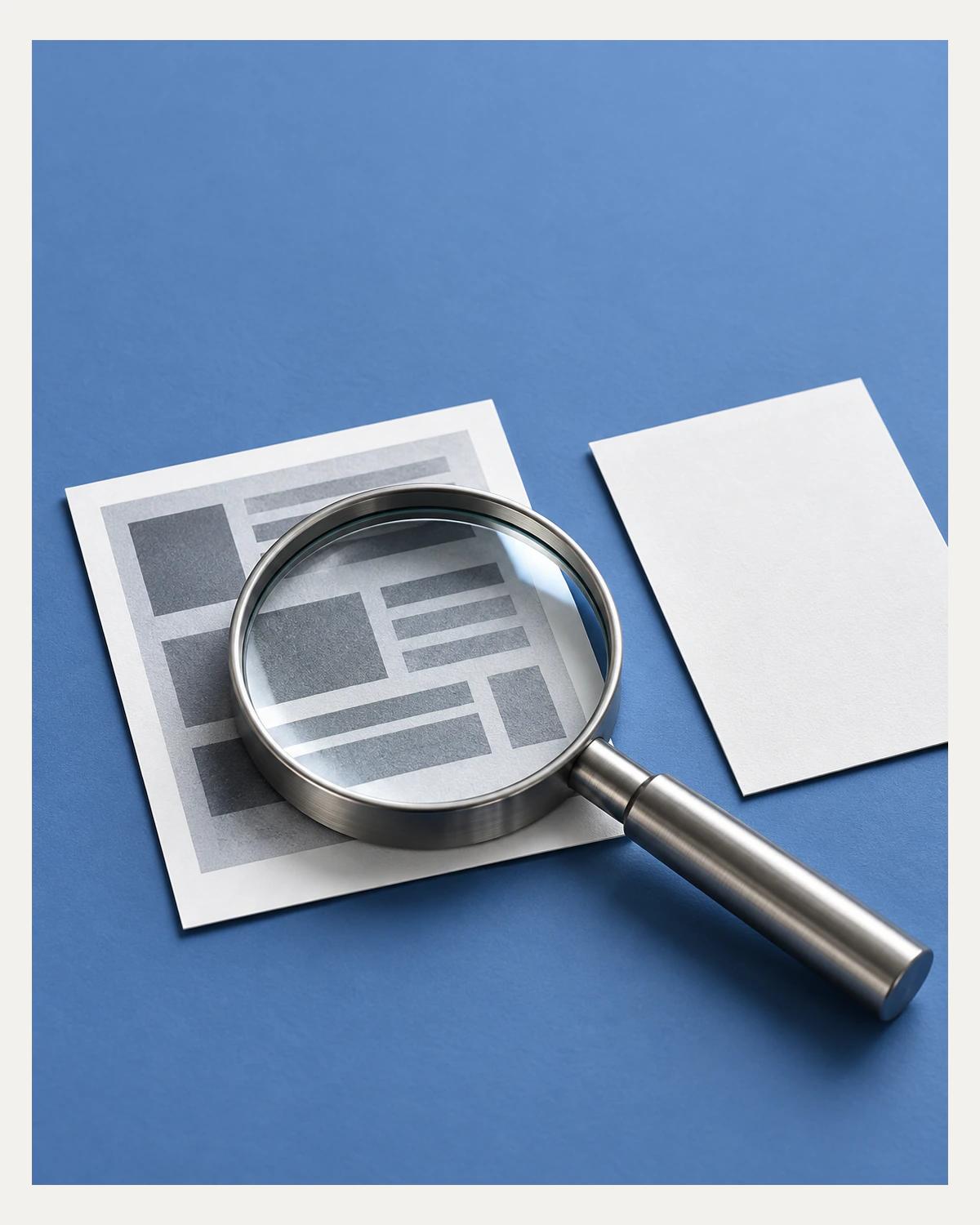 A steel magnifying glass rests over a print of abstract grey blocks beside a blank white card on a blue surface.