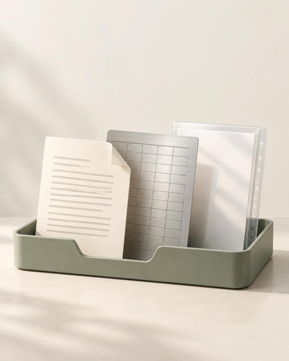 A folded document, a gridded metal sheet and a transparent page sleeve beside a muted green sorting tray.