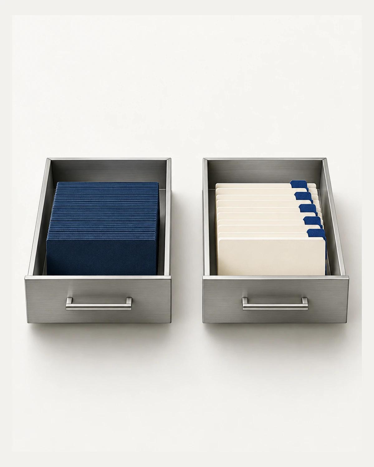 Two separate metal desk drawers hold navy cards on the left and ivory cards with cobalt tabs on the right.