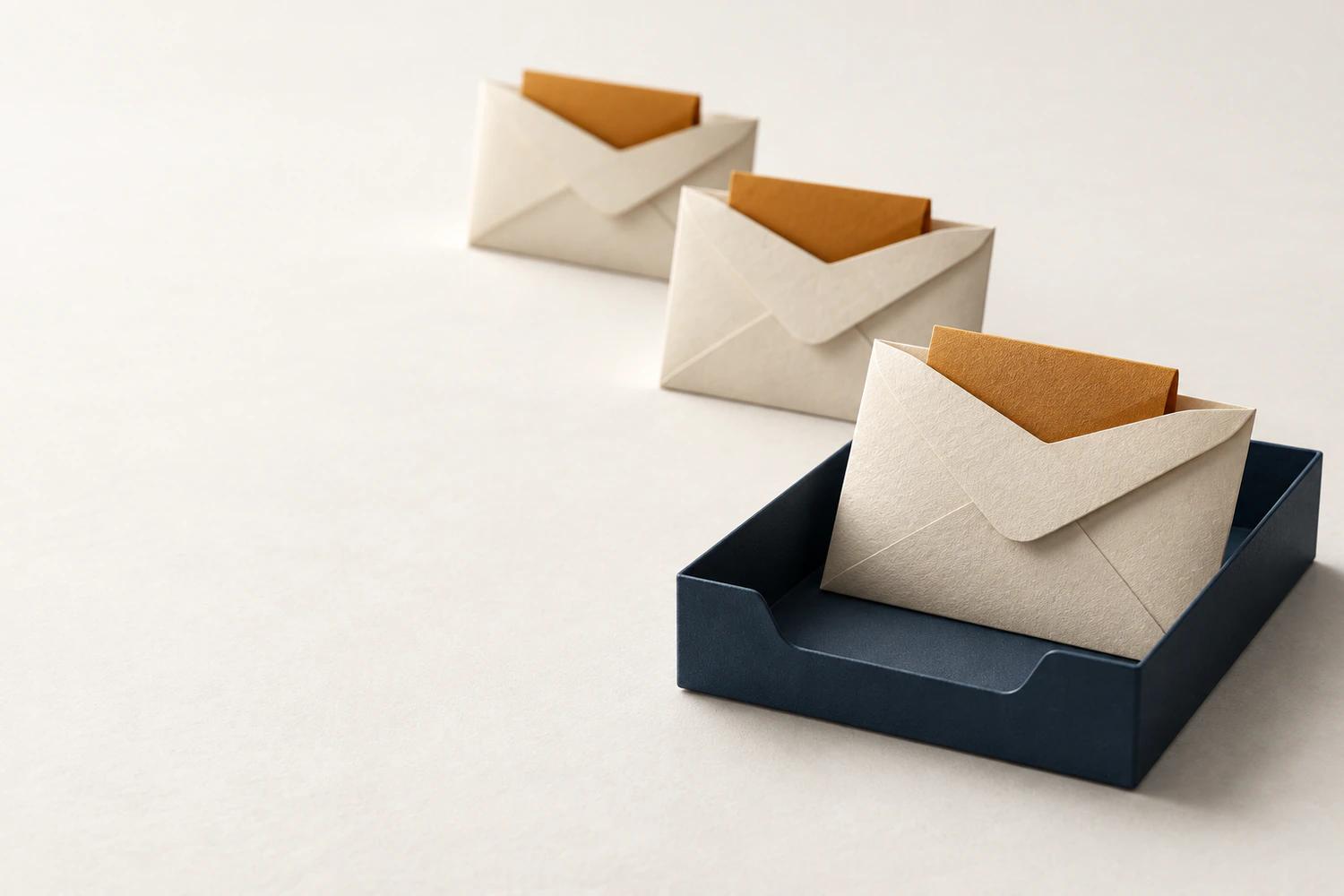 Three cream envelopes with matching amber inserts, with the nearest envelope resting in a navy mail tray.