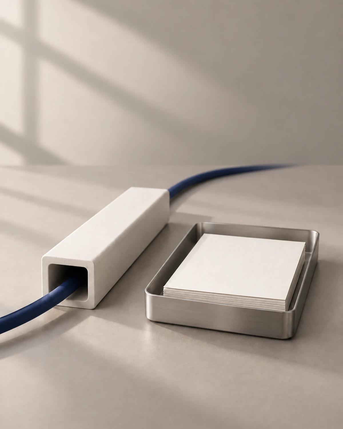 A ceramic cable channel beside a separate shallow tray containing neatly stacked inspection records.