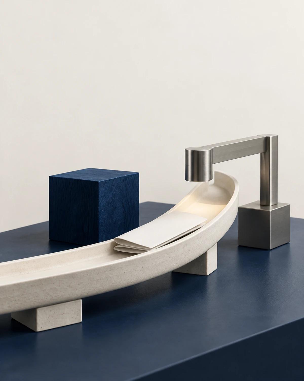 Folded paper in a curved ivory channel beneath a metal inspection arm, beside a cobalt block.