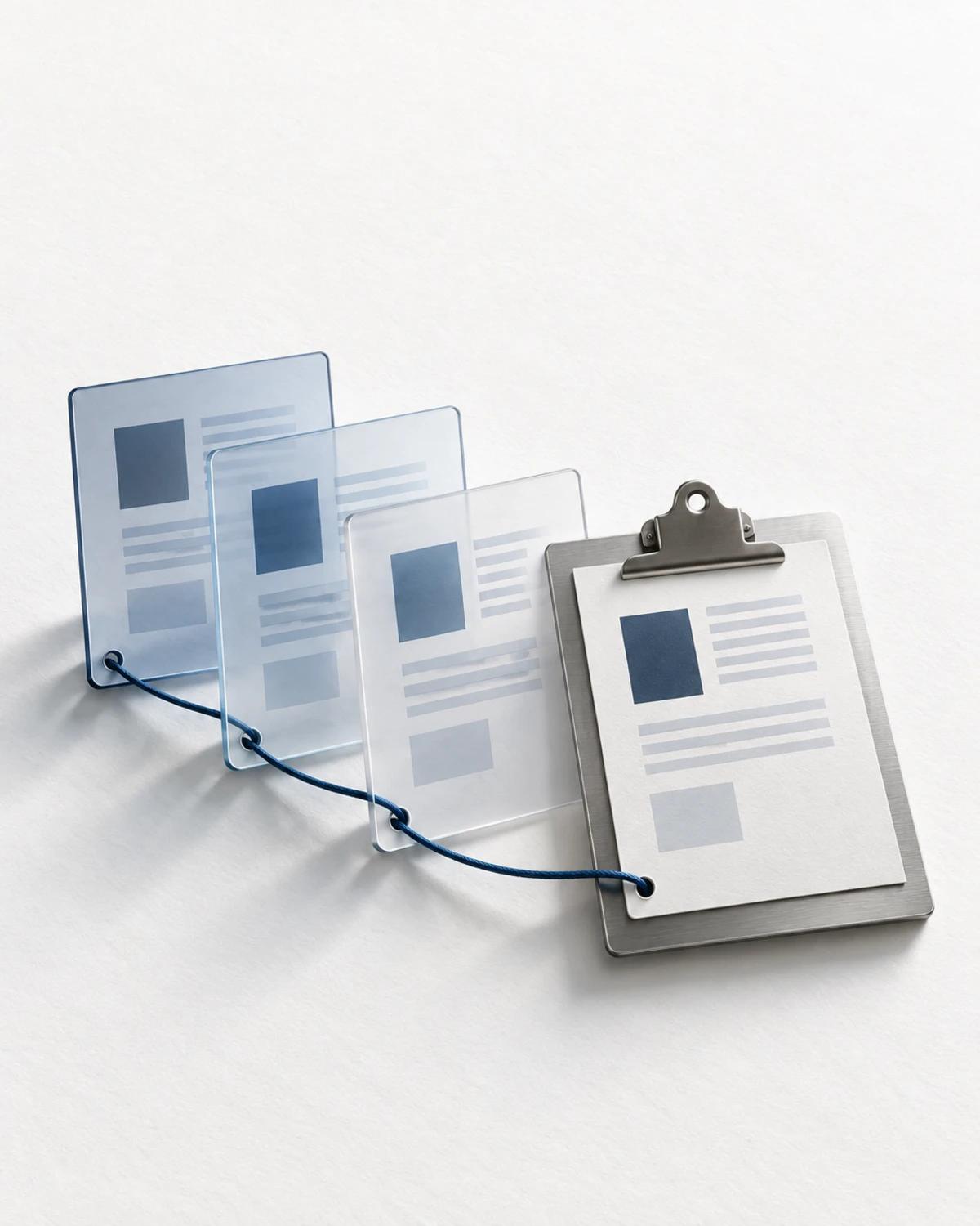 Three translucent document panels linked by a blue cord to a brushed metal clipboard.