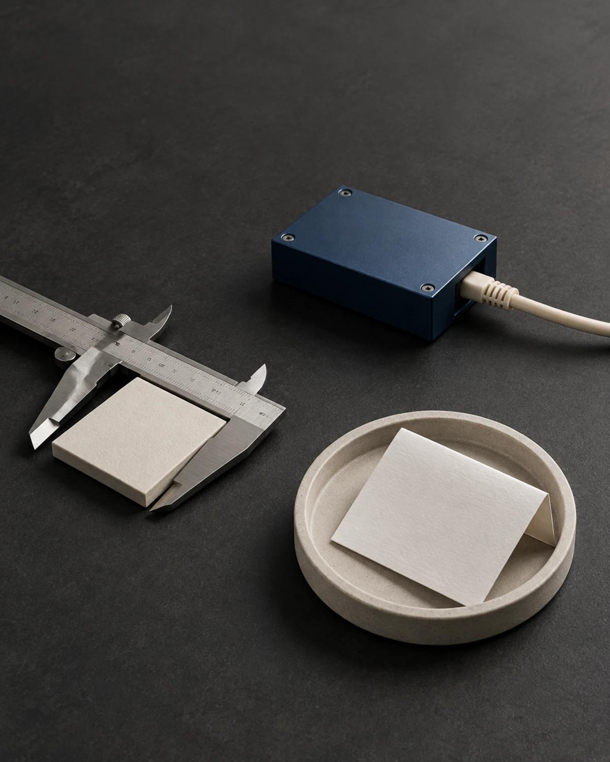 A metal caliper measuring an ivory tile beside a cobalt network junction and a paper tray on charcoal stone.