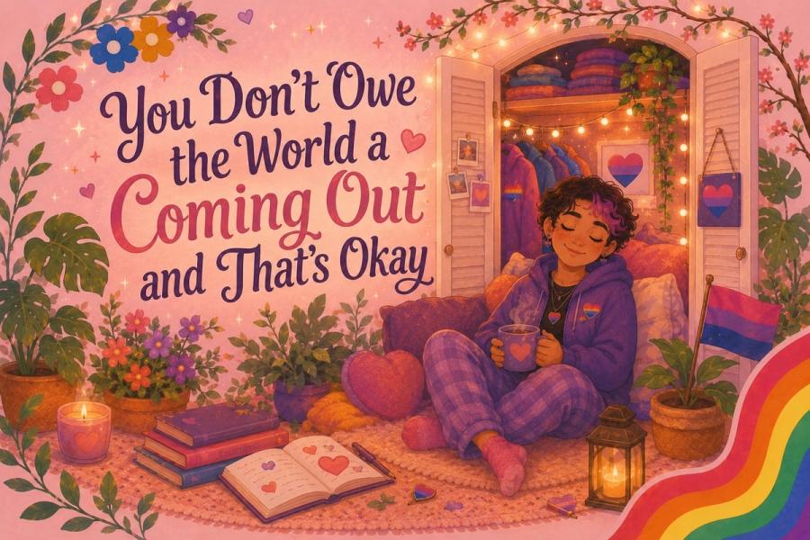 persoon die er gelukkig uitziet met een kop thee, zittend tussen de kussens op de grond. met queer vlaggen eromheen. en de tekst je bent de wereld geen coming-out verschuldigd en dat is oké