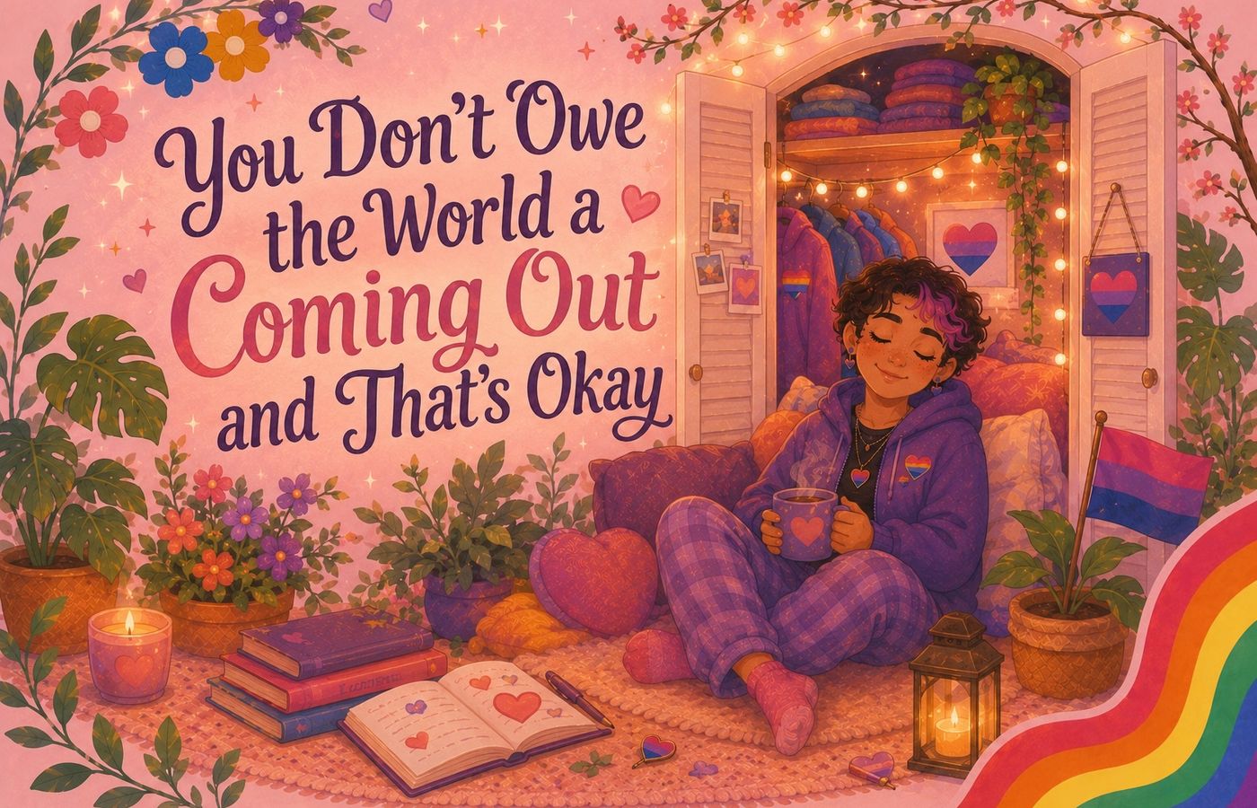 person looking happy with a cup of tea seated in pillows on the floor. with queer flags around them. and the text you don't owe the world a coming out and that's okay