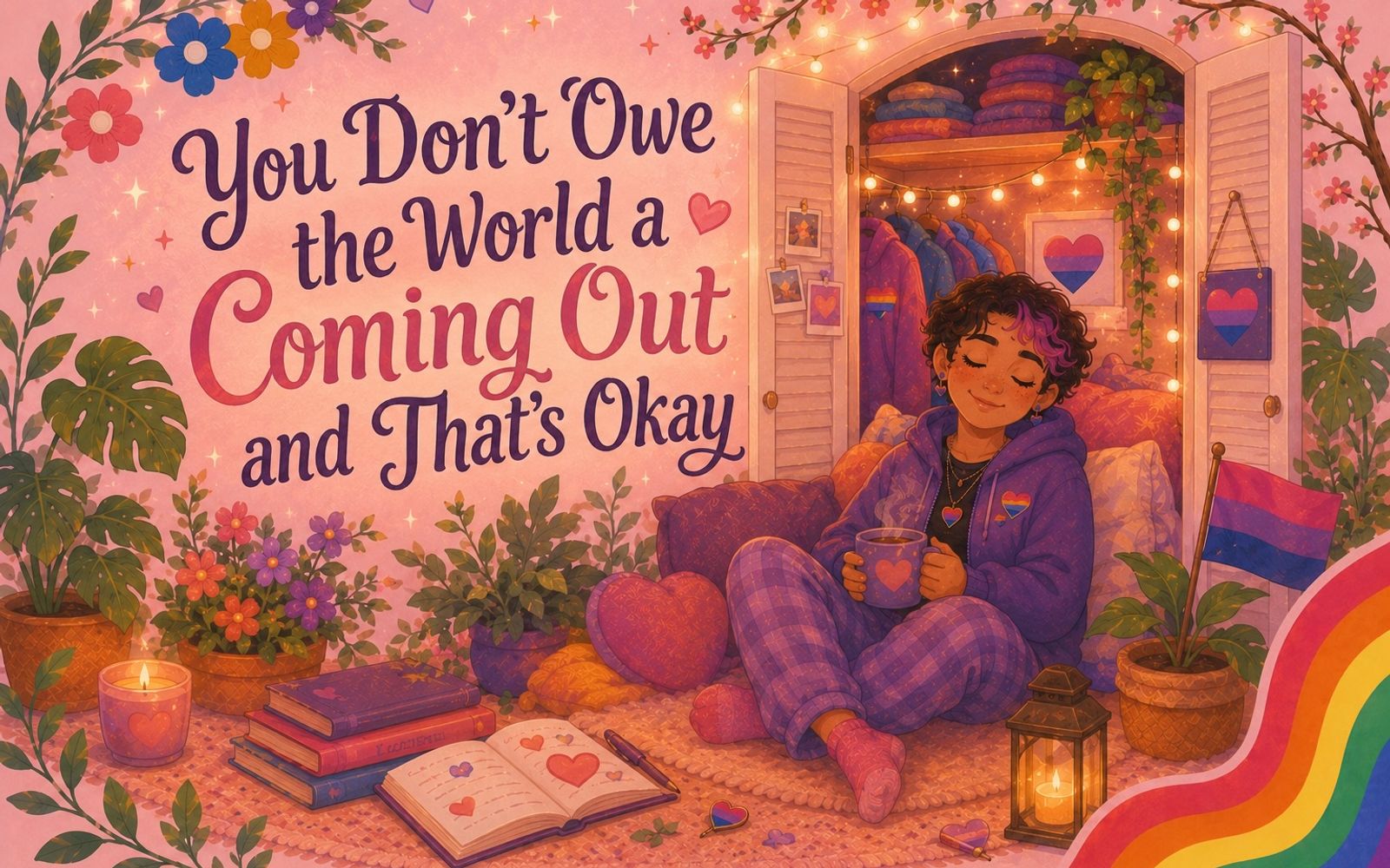 person looking happy with a cup of tea seated in pillows on the floor. with queer flags around them. and the text you don't owe the world a coming out and that's okay