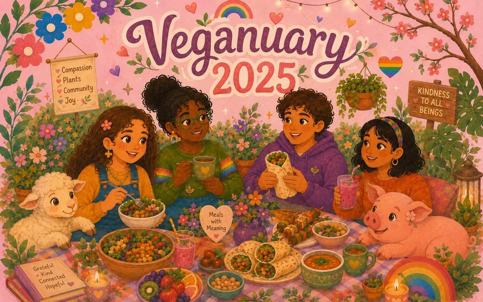 people eating together and celebrating veganuary with a lamb and pig happily with them. text veganuary 2025
