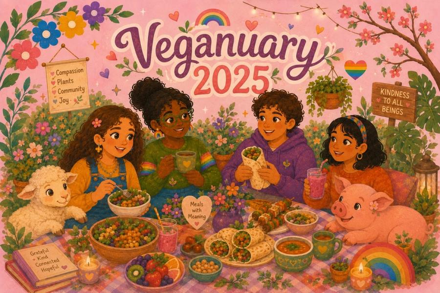 mensen die samen eten en Veganuary vieren met een lammetje en een varkentje dat vrolijk bij hen is. tekst veganuary 2025
