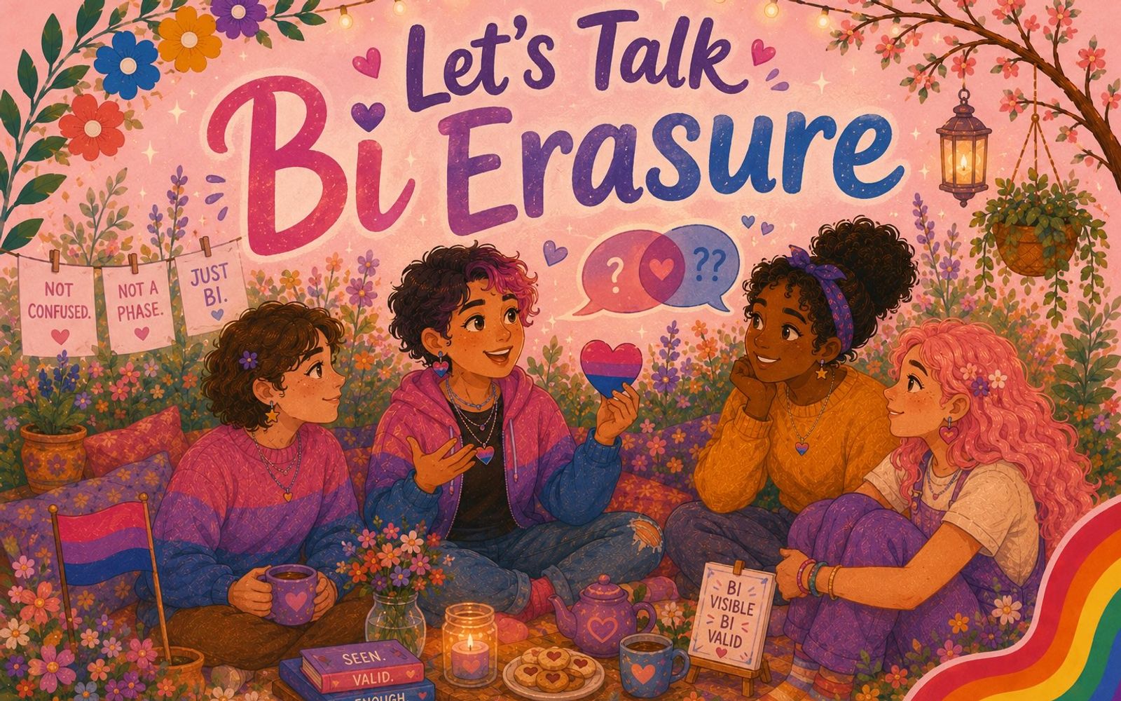 people talking about queerness and looking happy. with text let's talk bi erasure.