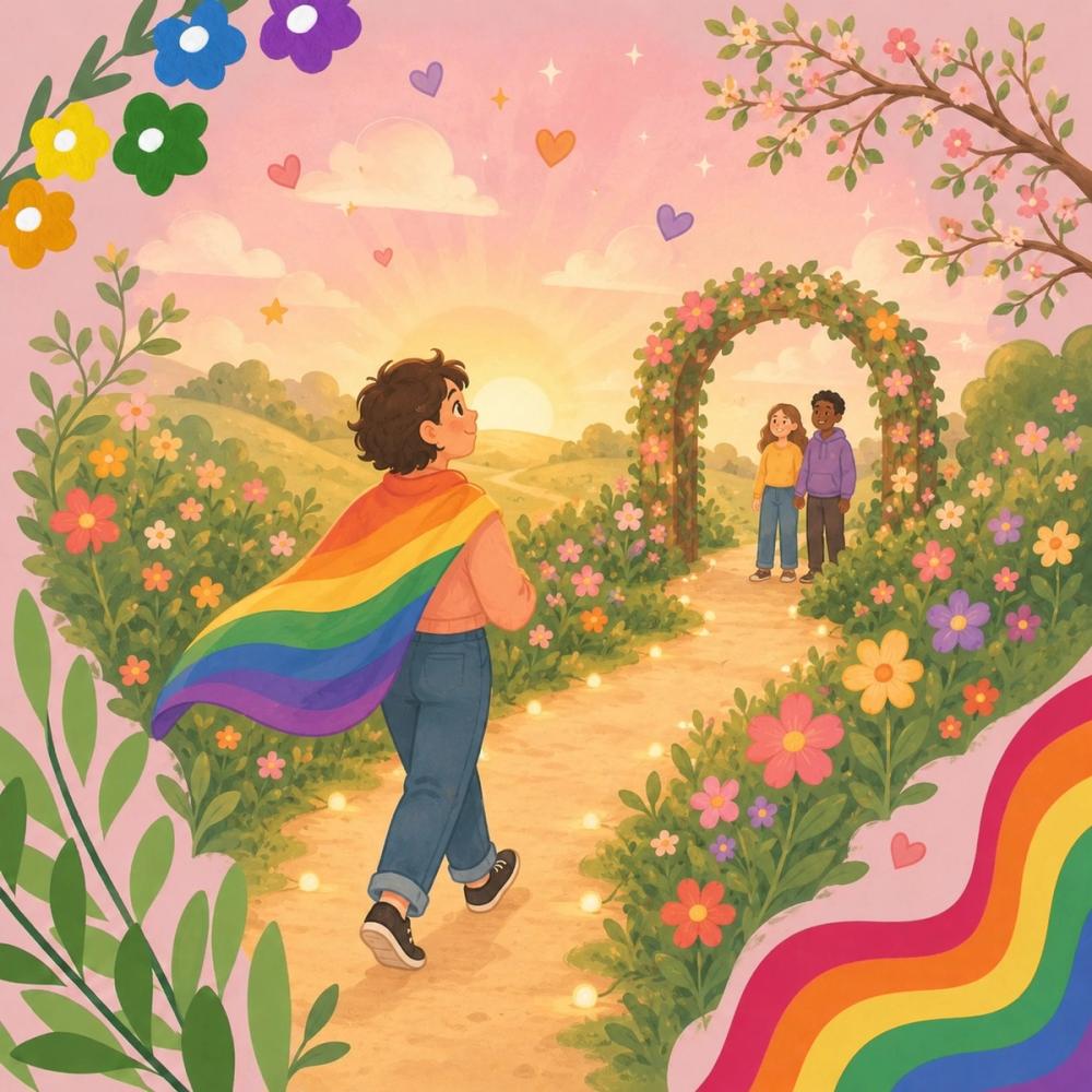 person walking with pride flag on shoulder on a path towards two other persons. scene of being proud and sun rising.