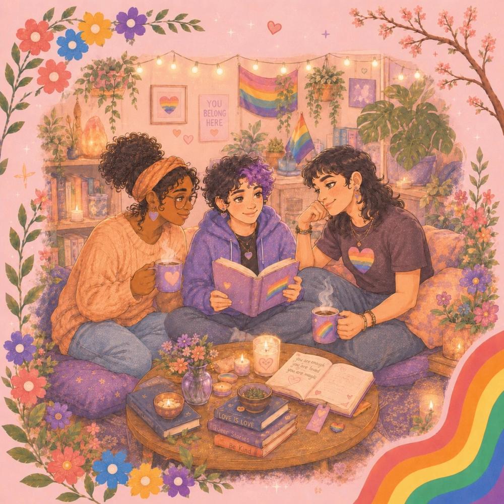 group of friends talking about queerness and coming out. with pride flag in background.