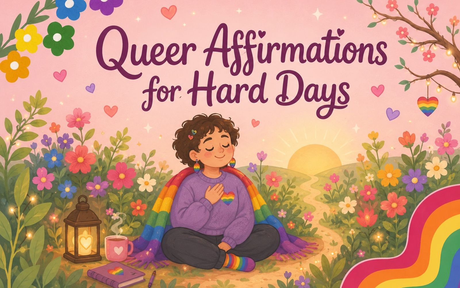 person practicing queer affirmations and hand on heart with pride flag on their shoulder. with a rising sun in the background.