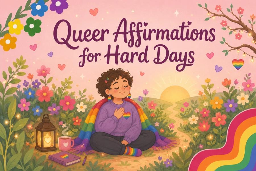 persoon die queer affirmaties uitspreekt met een hand op het hart en een pride-vlag op de schouder, met een opkomende zon op de achtergrond.