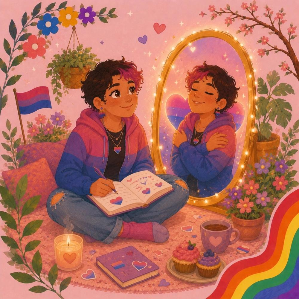 person looking happy in mirror at themselves and sees themselves hugging themselves being happy and supportive. wears jacket in bisexual flag colors.