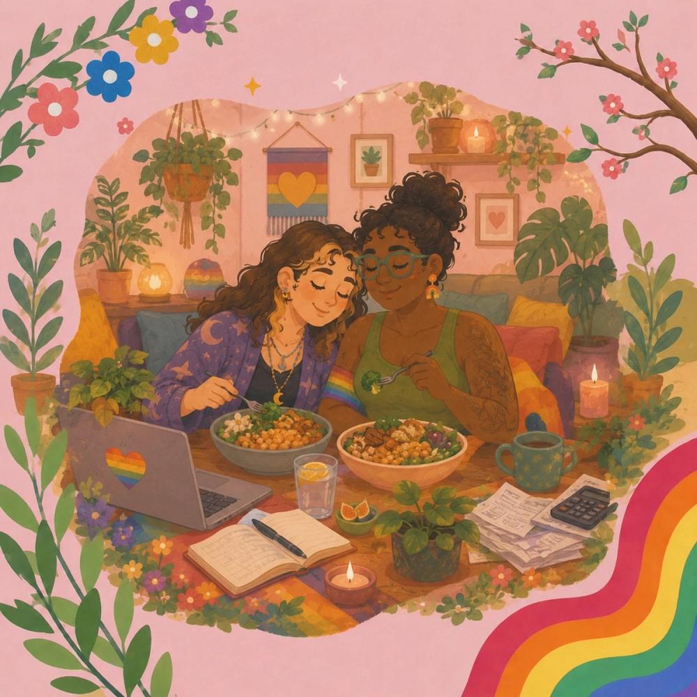 twee personen die samen eten met een laptop op tafel. kijken gelukkig en tevreden.