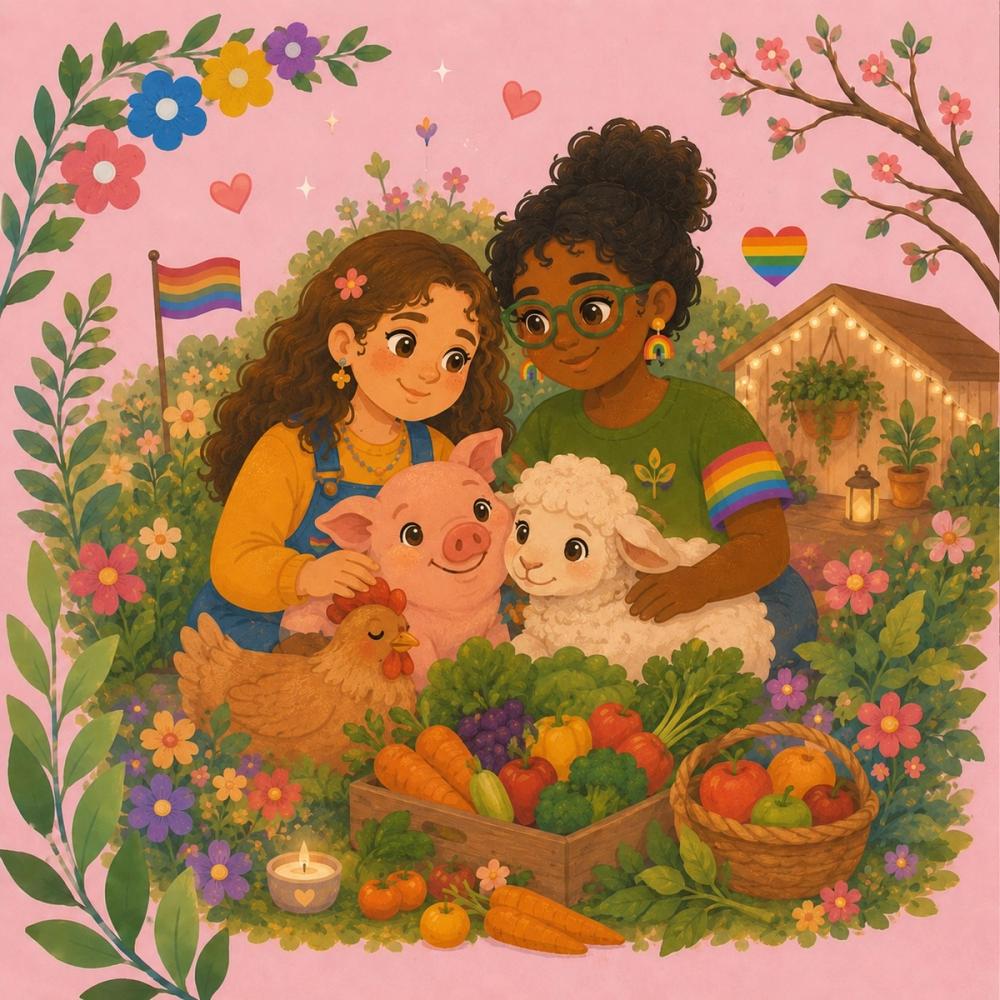 two people looking content with pride colors and hugging their farm animals. a sheep , chicken and pig are happily with them and in front a basket full of fruit and veggies to celebrate veganuary