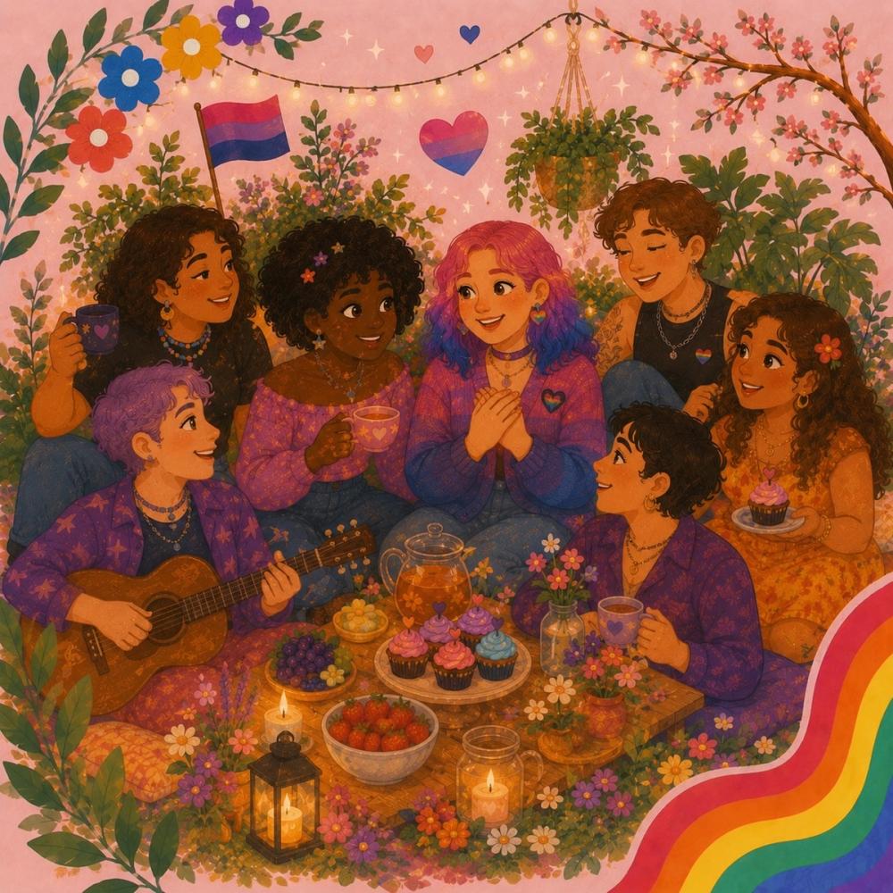 group of friends talking together and looking happy. with bisexual flags in background where bi erasure is not a thing. 