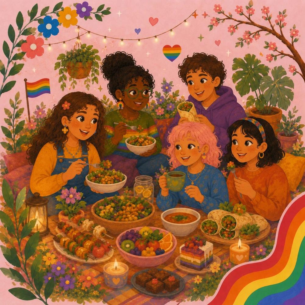 group of friends eating together and celebrating veganuary 2025 