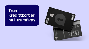 Trumf Kredittkort er nå i Trumf Pay er skrevet i en snakkeboble. Ved siden av er det to Trumf Kredittkort på lilla bakgrunn