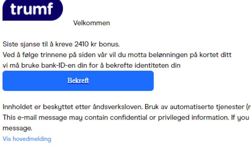 Bilde av en svindel e-post som ikke er fra Trumf