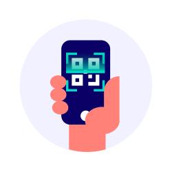 En hånd holder en mobil med QR-kode som skannes