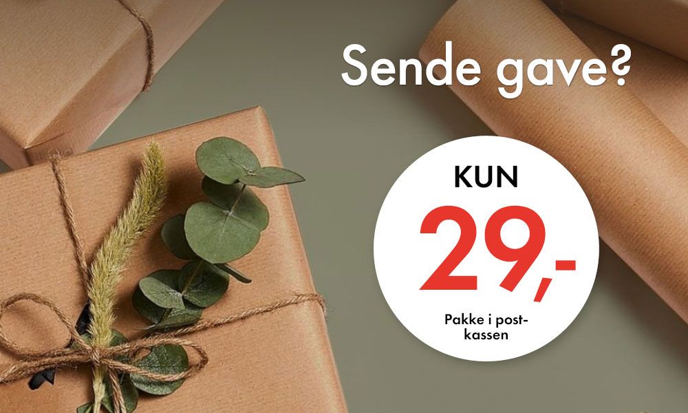 Innpakkede gaver med teksten Sende gave? Kun 29 kr pakke i postkassen