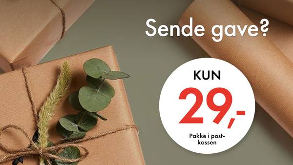 Innpakkede gaver med teksten Sende gave? Kun 29 kr pakke i postkassen