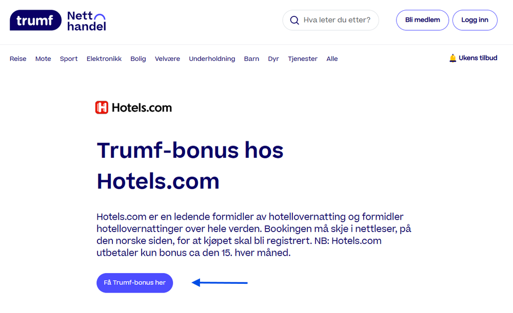 Et skjermbilde av Hotels.com siden på Trumfnetthandel.no. En pil viser at man skal trykke på "Få Trumf-bonus her"-knappen for å spare Trumf-bonus.