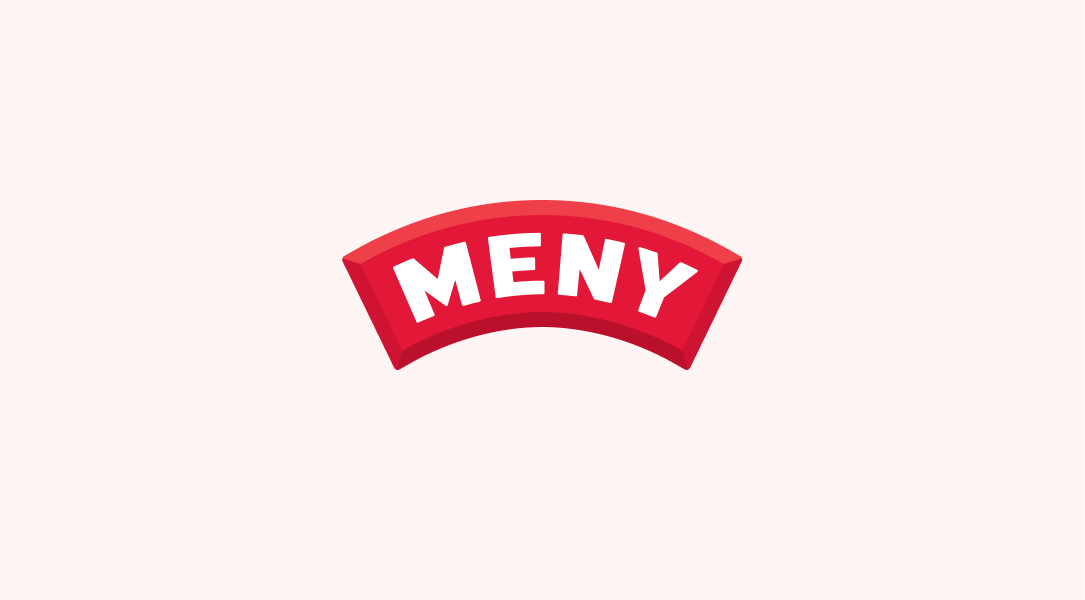 MENY logo på lyserød bakgrunn