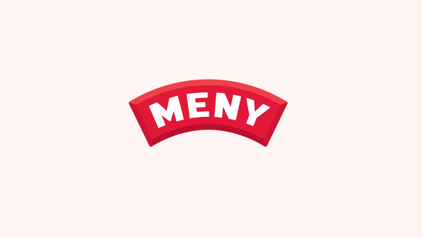 MENY logo på lyserød bakgrunn