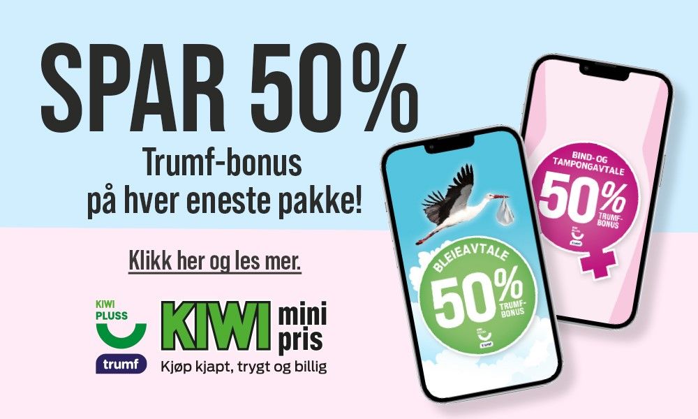 To smarttelefoner som viser ulike tilbud med 50 % Trumf-bonus. Den ene skjermen viser et bilde av en stork og teksten "Bleieavtale 50 % Trumf-bonus", mens den andre viser en rosa bakgrunn med teksten "Bind- og tampongavtale 50 % Trumf-bonus". Øverst står teksten "Spar 50 % Trumf-bonus på hver eneste pakke!", og nederst er det en knapp med teksten "Klikk her og les mer"