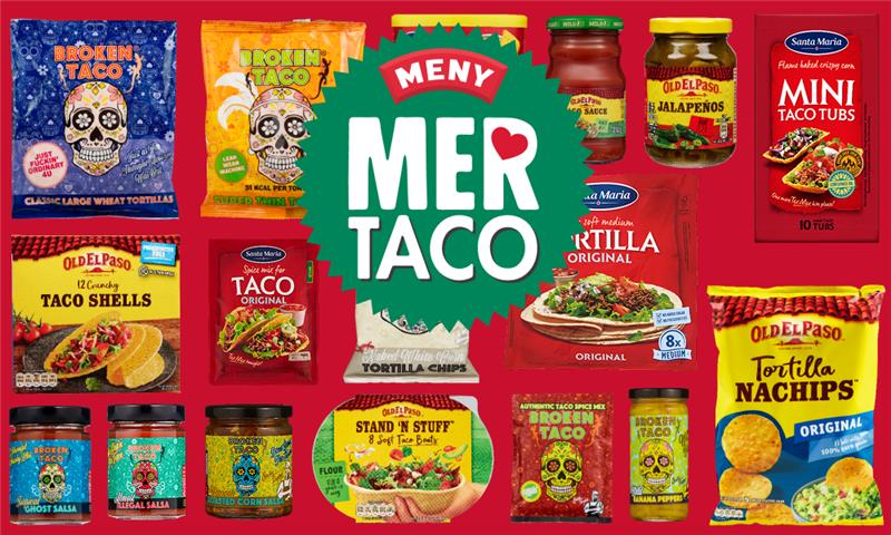 Tacoprodukter du får kjøpt hos MENY på rød bakgrunn