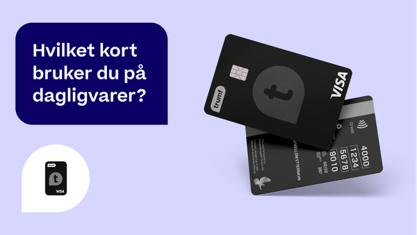 To Trumf Kredittkort vises på lilla bakgrunn med en snakkeboble som sier "hvilket kort bruker du på dagligvarer?"