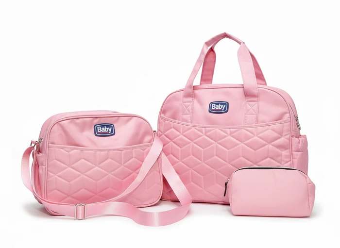 3-Piece Quilted Pink Diaper Bag Set - Sheikh Jee Garments