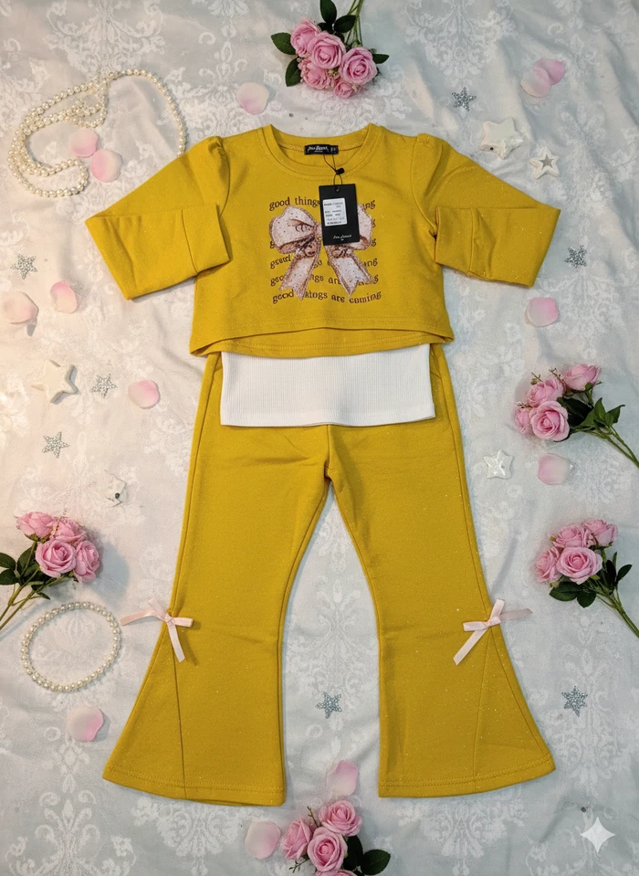 Girls’ Golden Shimmer Bow Bell-Bottom Set - Sheikh Jee Garments