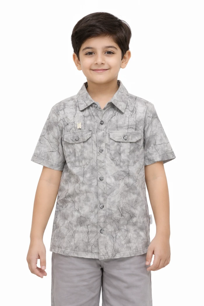 Gray Crinkle-Print Button-Down Shirt - Sheikh Jee Garments