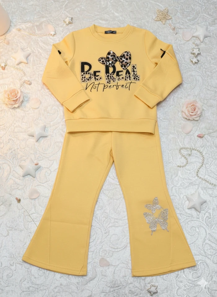 Girls’ ‘Be Real’ Leopard Bow & Butterfly Bell-Bottom Set - Sheikh Jee Garments