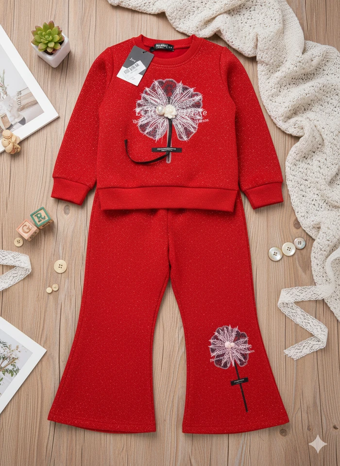 Girls’ Festive Red Shimmer 3D Floral Bell-Bottom Set - Sheikh Jee Garments