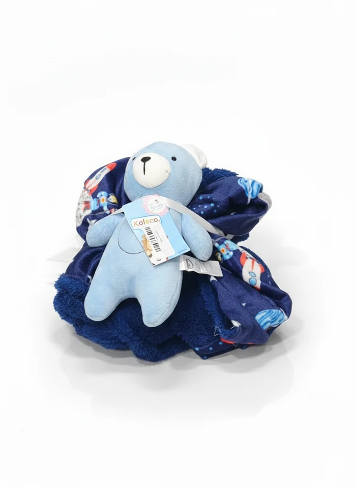 2-Piece Baby Gift Set – Light Blue Plush Bear and Rocket Ship Sherpa Blanket - Sheikh Jee Garments