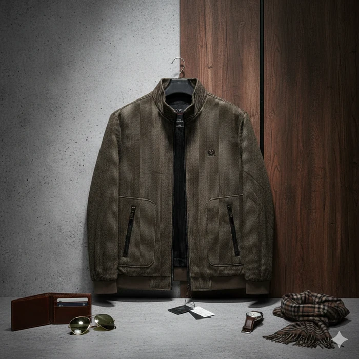 Men’s Premium Brown Textured Corduroy Bomber Jacket - Sheikh Jee Garments